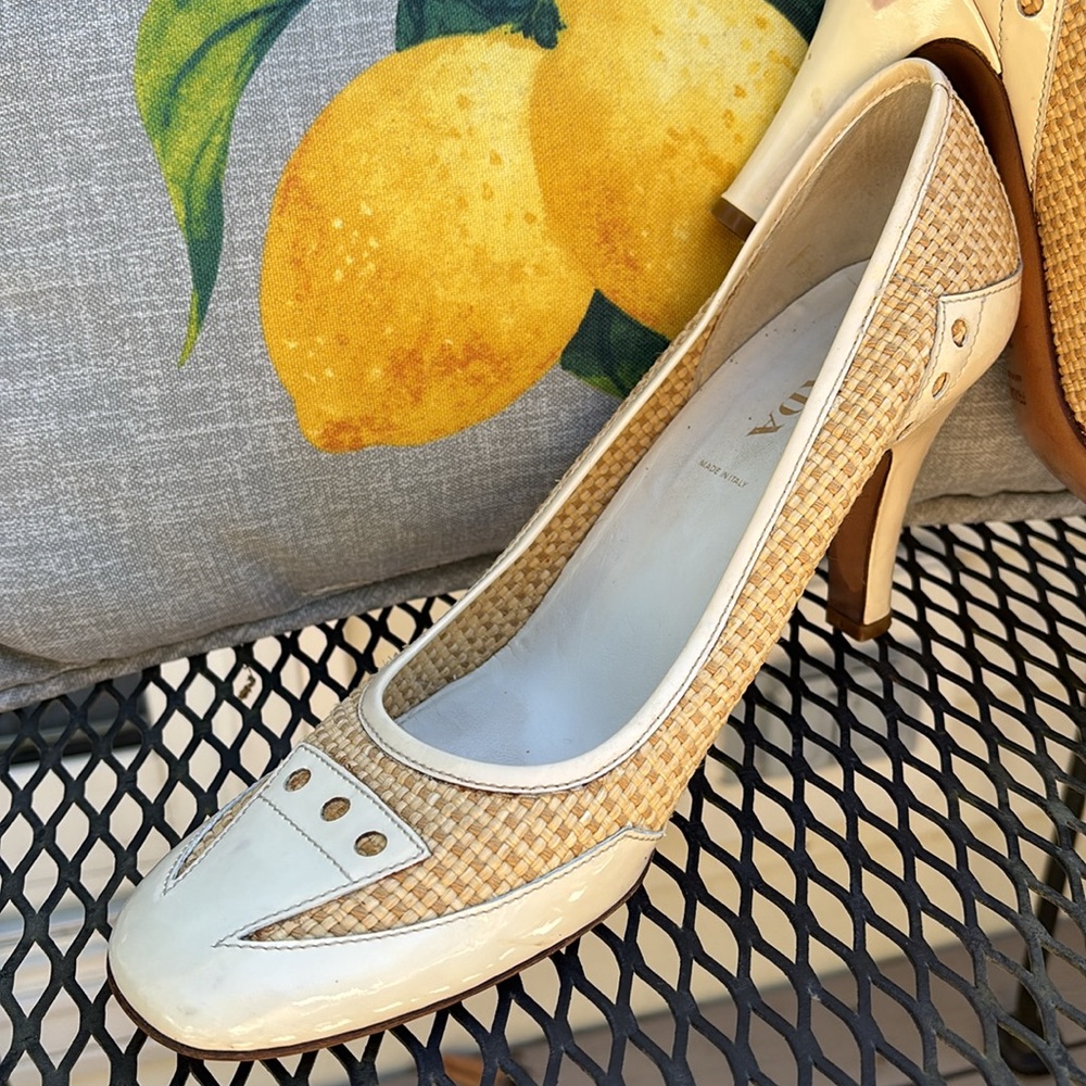 Prada cream patent and raffia 3” Heels